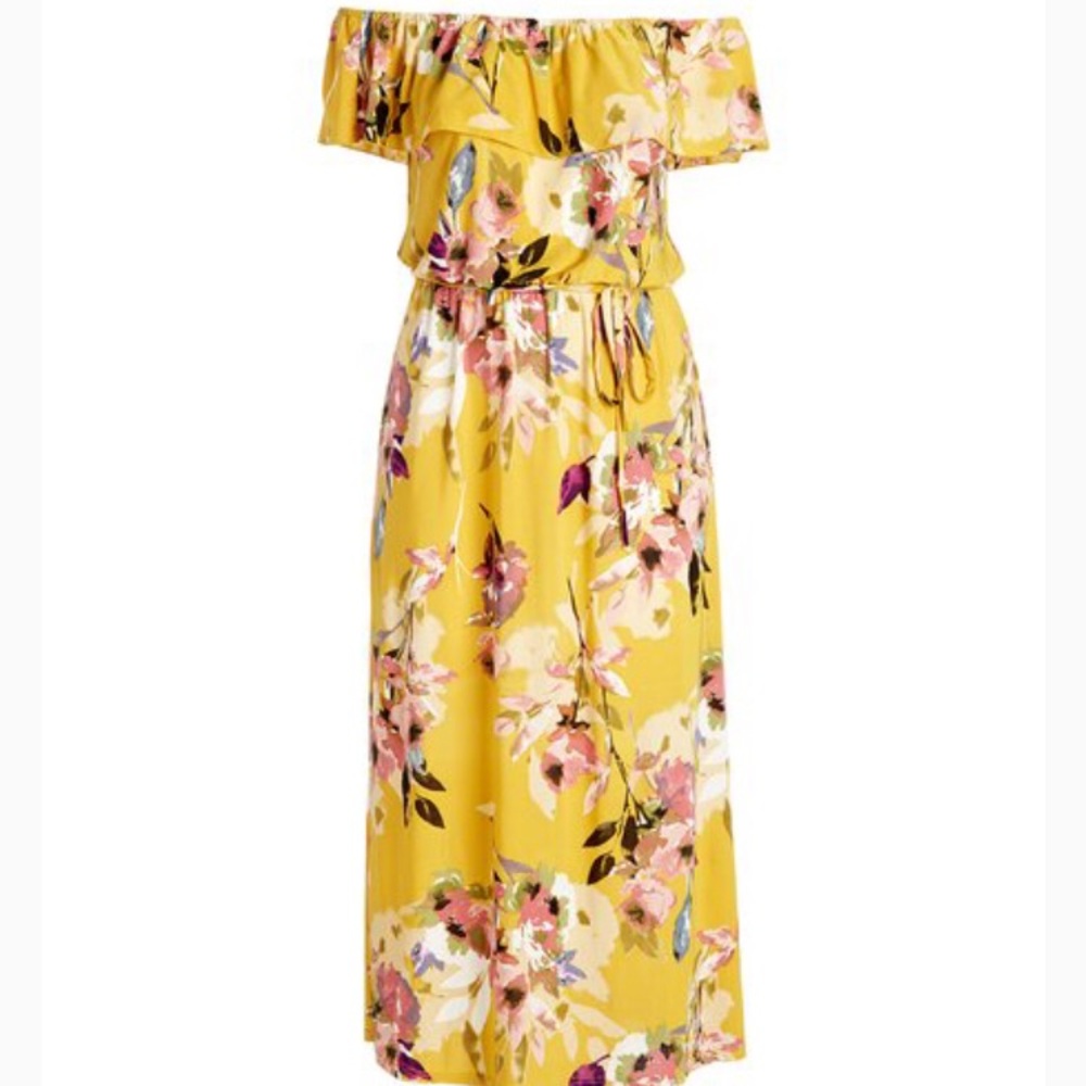 Yellow Floral Off-Shoulder Belted Maxi Dress -NWOT